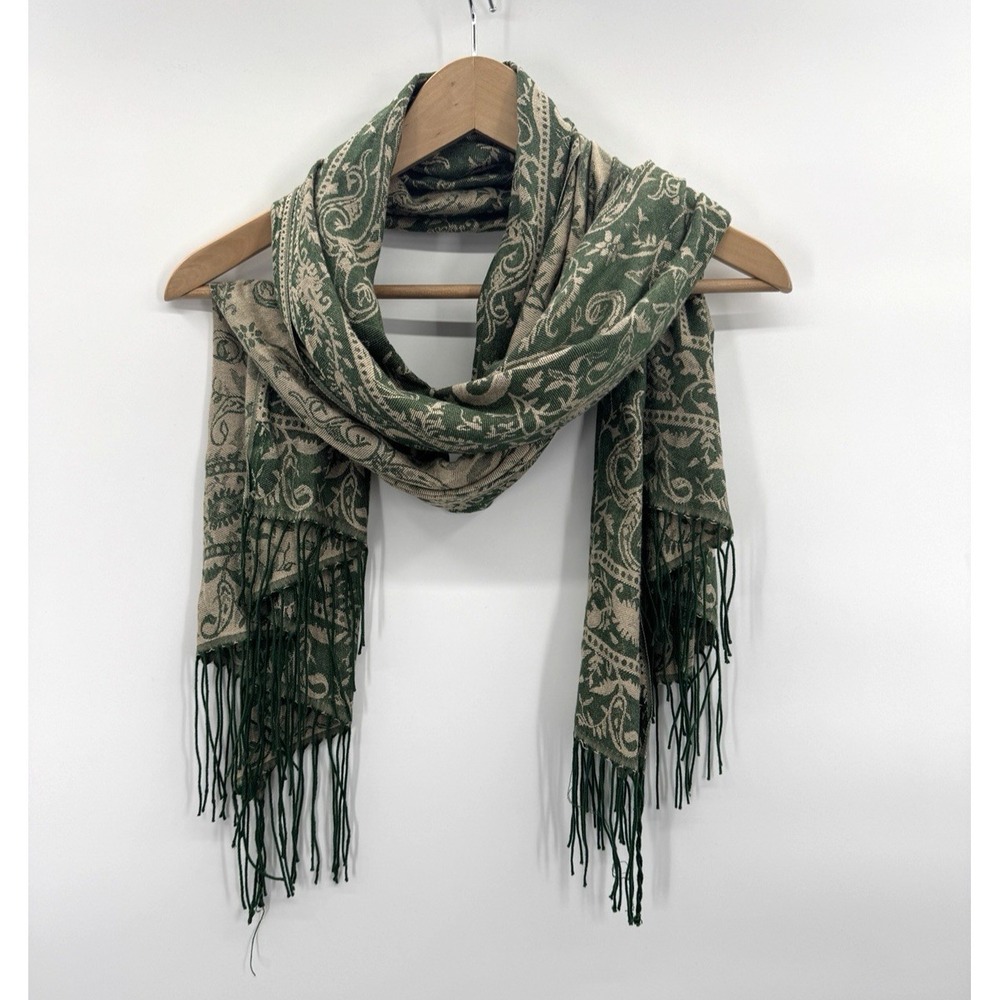 Womens Scarf Wrap Shawl Green Beige Floral Paisley Fringe Pashmina Boho Cottage - Picture 1 of 8